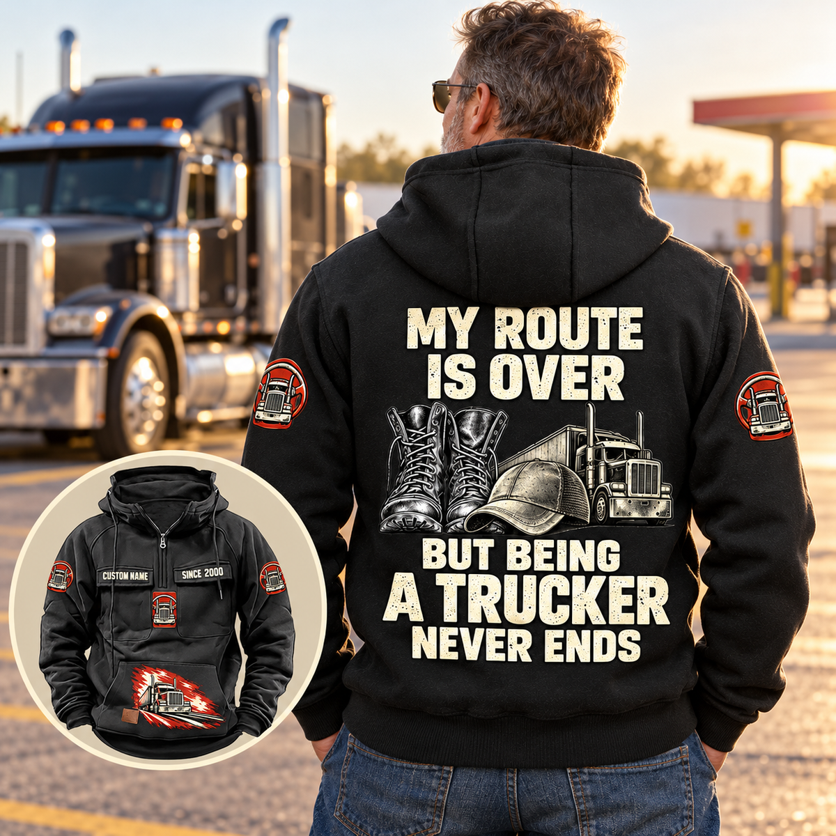 Off-duty trucker wearing the black Trucker Never Ends Vintage Hoodie beside a parked semi-truck, showing the boots, cap and truck back artwork with a matching front-view inset.