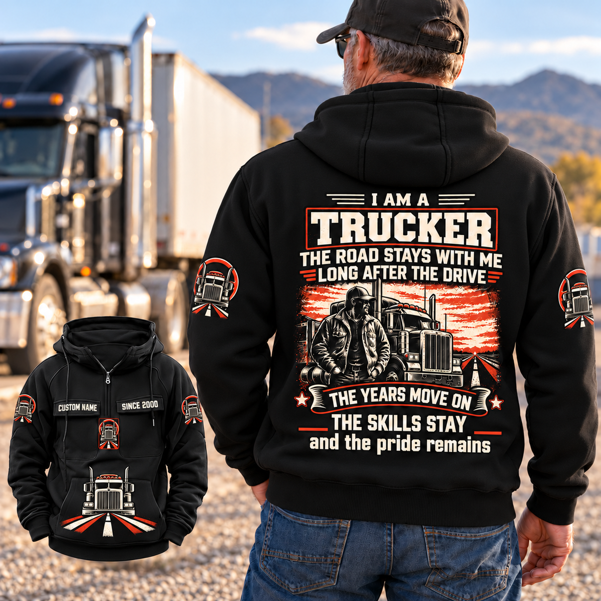 Black Trucker Skills and Pride Vintage Hoodie worn by an off-duty driver beside a parked truck, showing the trucker portrait back graphic and a smaller front-view inset.