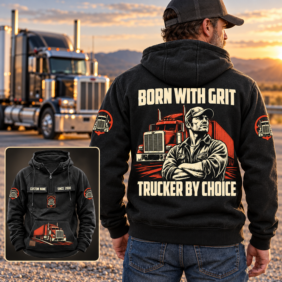 Black Trucker By Choice Vintage Hoodie worn from the back beside a parked semi-truck, showing BORN WITH GRIT / TRUCKER BY CHOICE artwork and a smaller complete front-view inset.