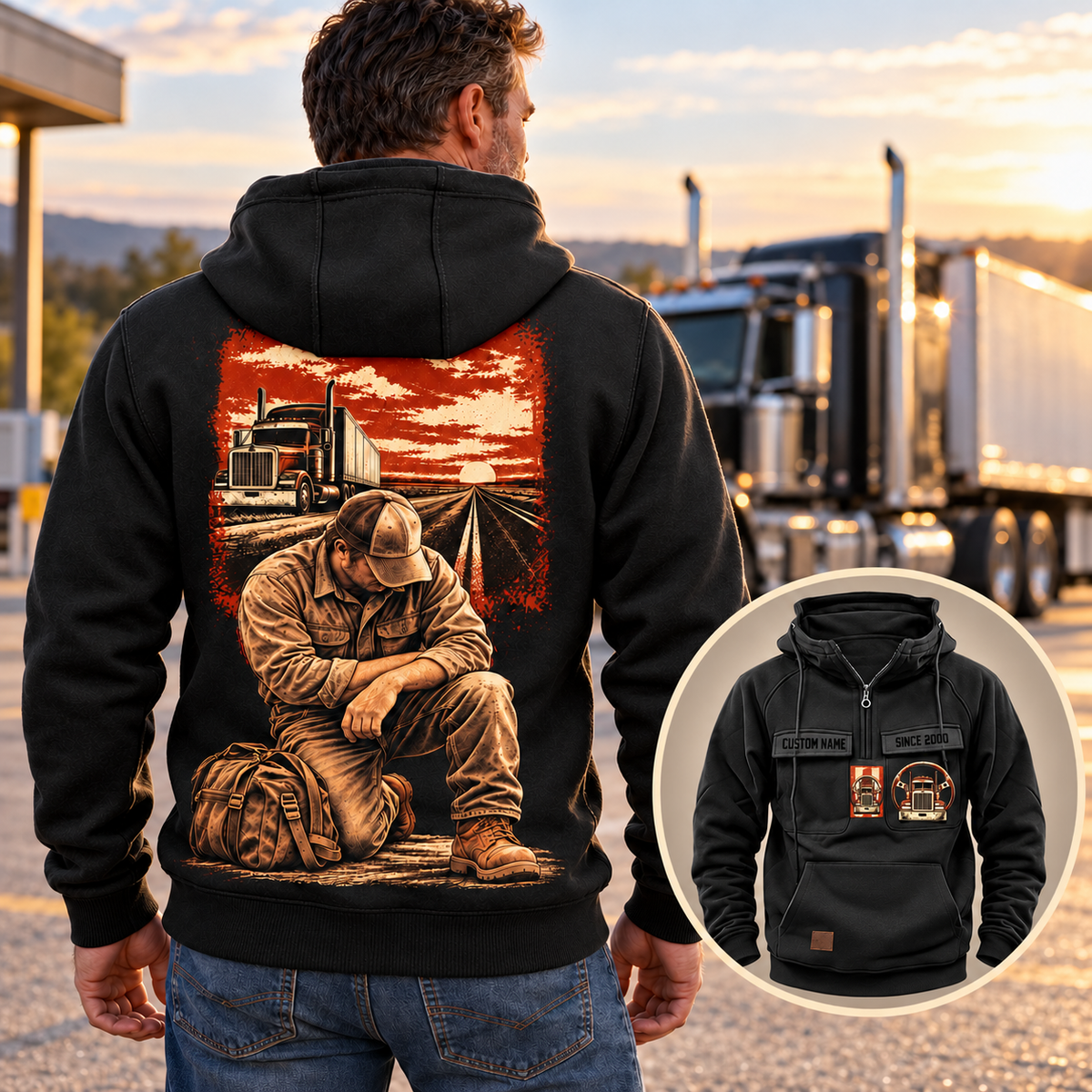 Back view of a black Trucker Ready Every Day Portrait Vintage Hoodie at a truck rest stop, showing the road, semi-truck and kneeling trucker with travel bag, with a smaller front-view inset.