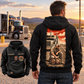 Off-duty trucker wearing the Black Trucker Workday Portrait Vintage Hoodie at a parked-truck rest stop, showing its kneeling-trucker back illustration and smaller front view with CUSTOM NAME and SINCE 2000 labels.