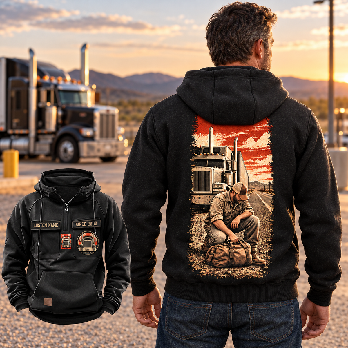 Off-duty trucker wearing the Black Trucker Workday Portrait Vintage Hoodie at a parked-truck rest stop, showing its kneeling-trucker back illustration and smaller front view with CUSTOM NAME and SINCE 2000 labels.