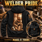 Black Welder Daily Commitment Portrait Vintage Hoodie with tall steel-panel kneeling welder back artwork and smaller front inset on a workshop bench.
