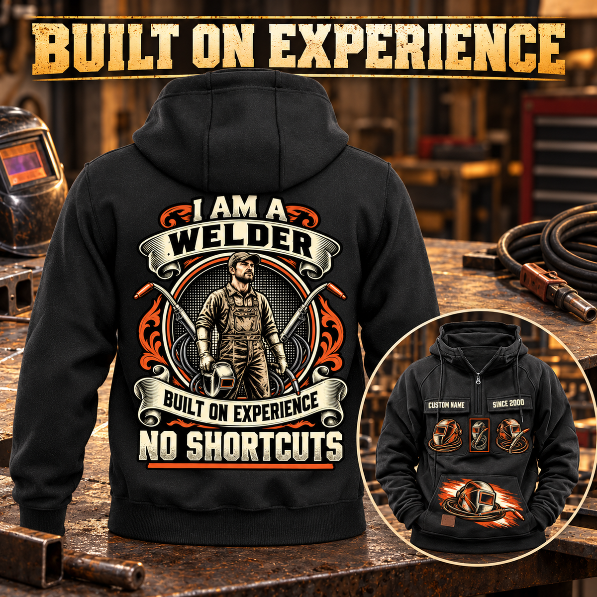 Black Welder Heritage Crest Vintage Hoodie with a large back view and smaller front inset in a quiet welding workshop.