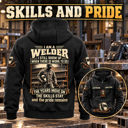 Black Welder Skills and Pride Vintage Hoodie, large back graphic and smaller front inset, with CUSTOM NAME and SINCE 2000 in a quiet metalworking workshop.