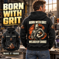 Black Welder By Choice Vintage Hoodie shown on an off-duty model in a quiet workshop, with BORN WITH GRIT back artwork and a smaller front view.