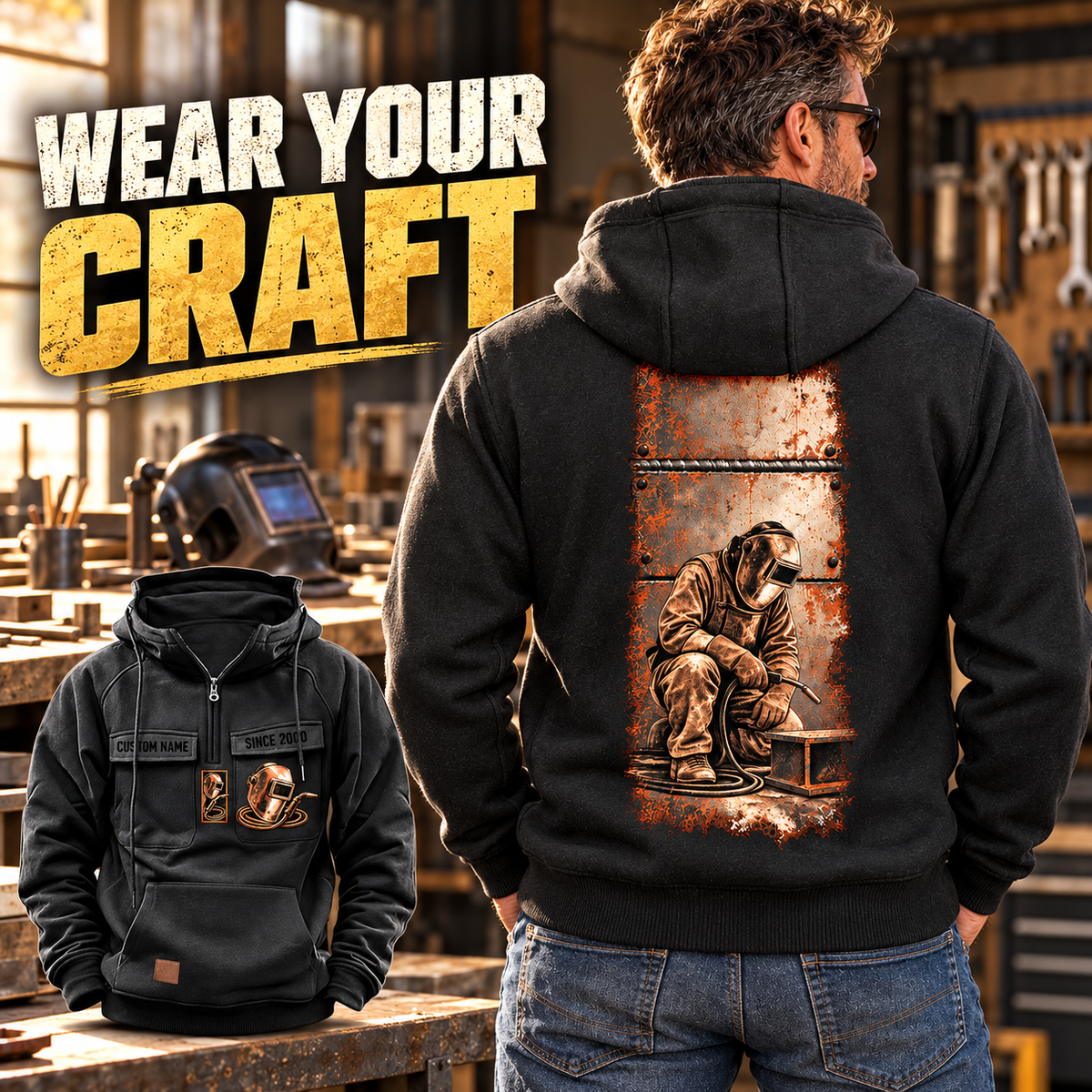 Black Welder Workday Portrait Vintage Hoodie worn from the back in a quiet workshop, showing the distressed kneeling-welder illustration, with a smaller front view and WEAR YOUR CRAFT headline.