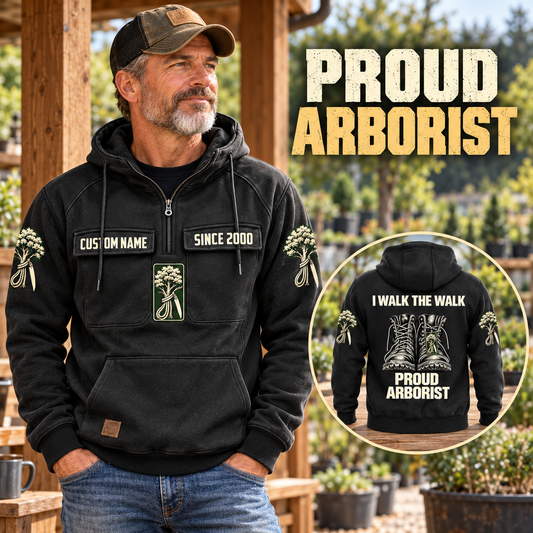 Arborist Proud Walk Vintage Hoodie in Black, front left back inset composition with faithful front and back artwork in a calm arborist equipment shed beside leafy trees.
