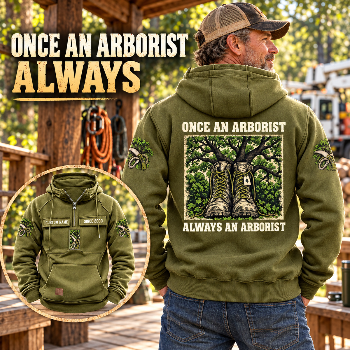 Arborist Once and Always Vintage Hoodie in Military Green, back right front inset composition with faithful front and back artwork in a calm arborist equipment shed beside leafy trees.