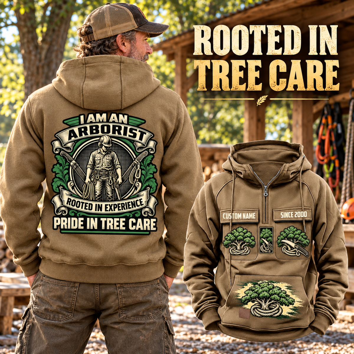 Arborist Heritage Crest Vintage Hoodie in Kaki, back left front cutout composition with faithful front and back artwork in a calm arborist equipment shed beside leafy trees.