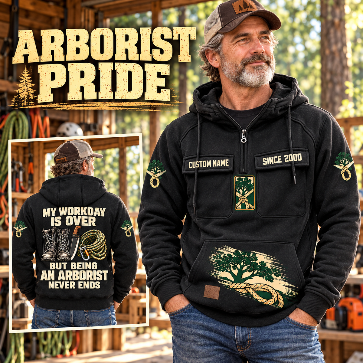 Arborist Never Ends Vintage Hoodie in Black, front right back card composition with faithful front and back artwork in a calm arborist equipment shed beside leafy trees.