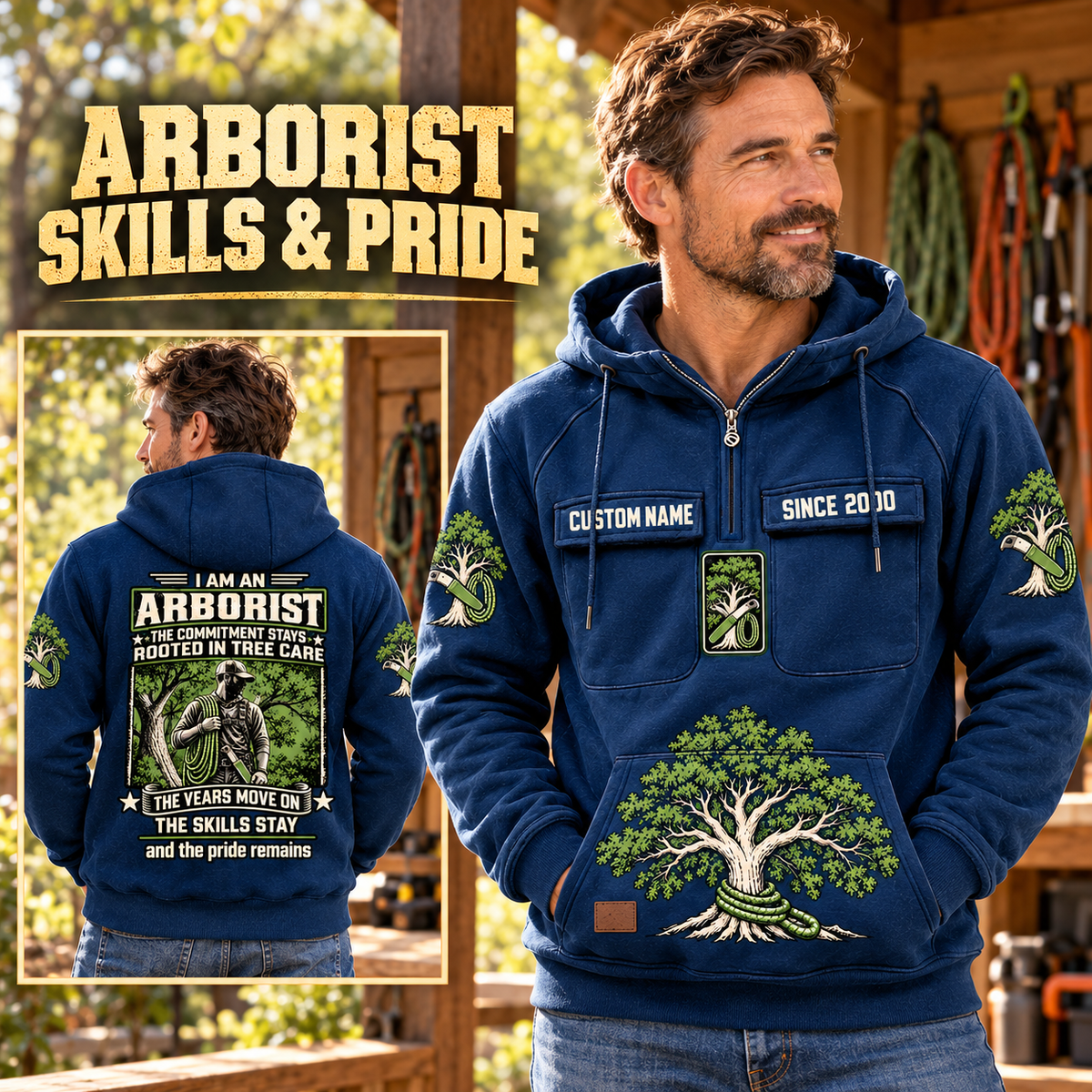 Arborist Skills and Pride Vintage Hoodie in Dark Blue, front right back card composition with faithful front and back artwork in a calm arborist equipment shed beside leafy trees.