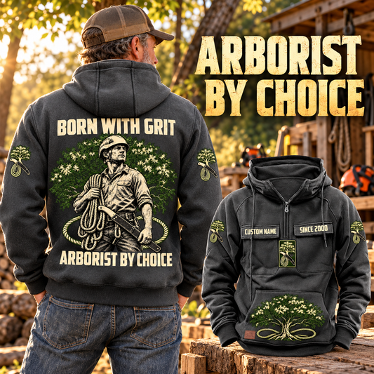 Arborist By Choice Vintage Hoodie in Dark Gray, back left front cutout composition with faithful front and back artwork in a calm arborist equipment shed beside leafy trees.