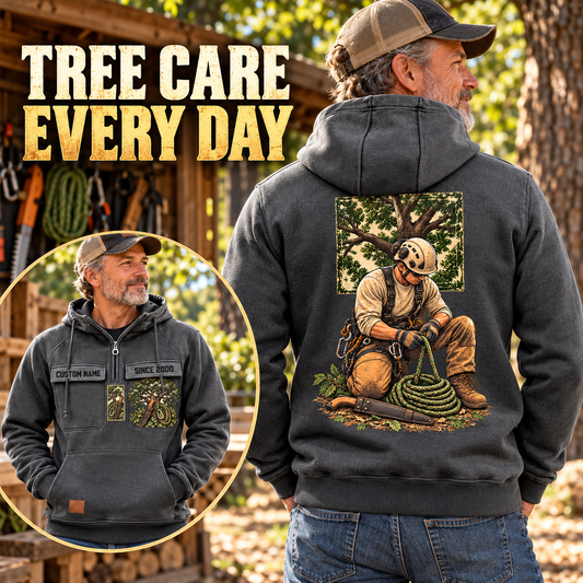 Arborist Ready Every Day Portrait Vintage Hoodie in Dark Gray, back right front inset composition with faithful front and back artwork in a calm arborist equipment shed beside leafy trees.
