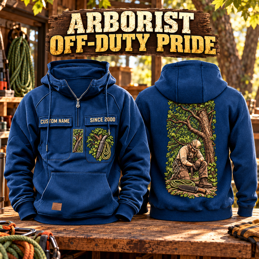 Arborist Workday Portrait Vintage Hoodie in Dark Blue, paired front back composition with faithful front and back artwork in a calm arborist equipment shed beside leafy trees.