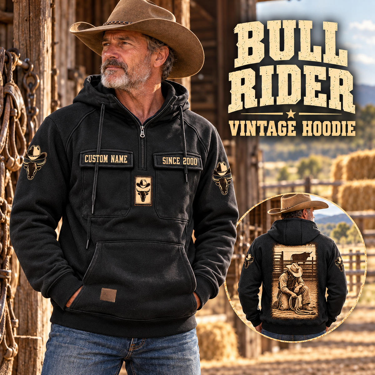 Bull Rider Daily Commitment Portrait Vintage Hoodie in Black, front left back inset composition with faithful front and back artwork in a weathered timber rodeo stable, outdoors.
