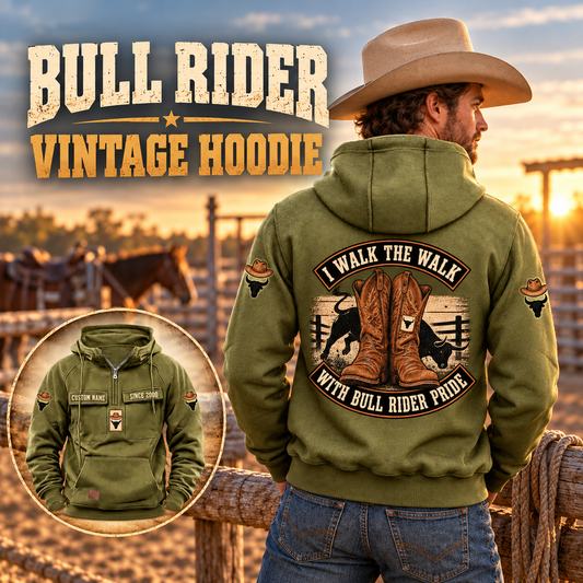 Bull Rider Walk the Walk Badge Vintage Hoodie in Military Green, back right front inset composition with faithful front and back artwork in a weathered timber rodeo stable, outdoors.