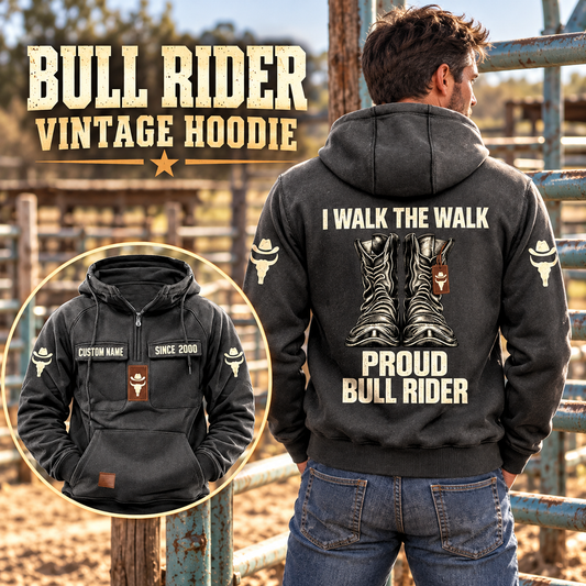 Bull Rider Proud Walk Vintage Hoodie in Dark Gray, back right front inset composition with faithful front and back artwork in a weathered timber rodeo stable, outdoors.