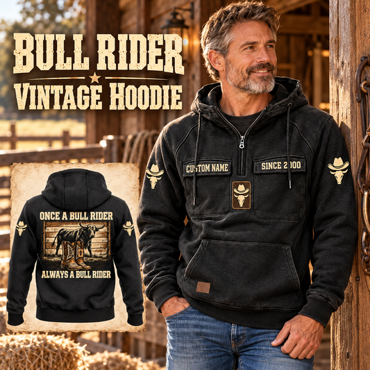 Bull Rider Once and Always Vintage Hoodie in Black, front right back card composition with faithful front and back artwork in a weathered timber rodeo stable, outdoors.