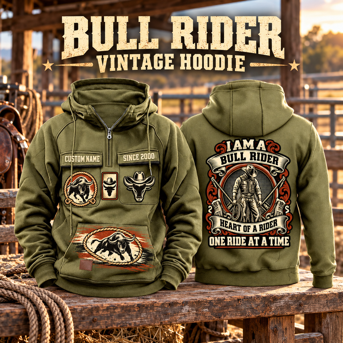 Bull Rider Heritage Crest Vintage Hoodie in Military Green, paired front back composition with faithful front and back artwork in a weathered timber rodeo stable, outdoors.