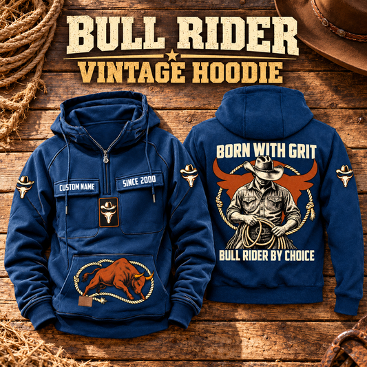 Bull Rider By Choice Vintage Hoodie in Dark Blue, paired front back composition with faithful front and back artwork in a weathered timber rodeo stable, outdoors.