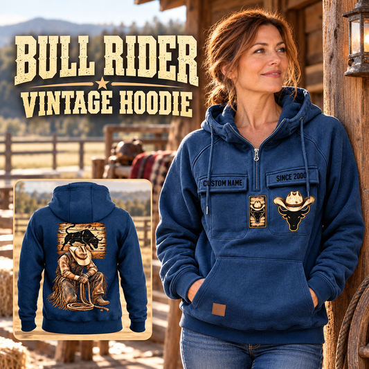Bull Rider Ready Every Day Portrait Vintage Hoodie in Dark Blue, front right back card composition with faithful front and back artwork in a weathered timber rodeo stable, outdoors.
