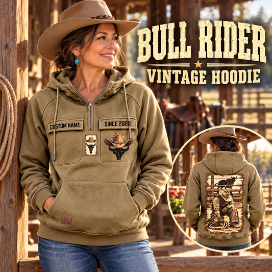 Bull Rider Workday Portrait Vintage Hoodie in Kaki, front left back inset composition with faithful front and back artwork in a weathered timber rodeo stable, outdoors.
