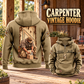 Carpenter Daily Commitment Portrait Vintage Hoodie in Kaki, back left front cutout composition with faithful front and back artwork in a warm timber workshop or wood-paneled porch.