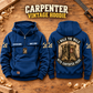 Carpenter Walk the Walk Badge Vintage Hoodie in Dark Blue, paired front back composition with faithful front and back artwork in a warm timber workshop or wood-paneled porch.
