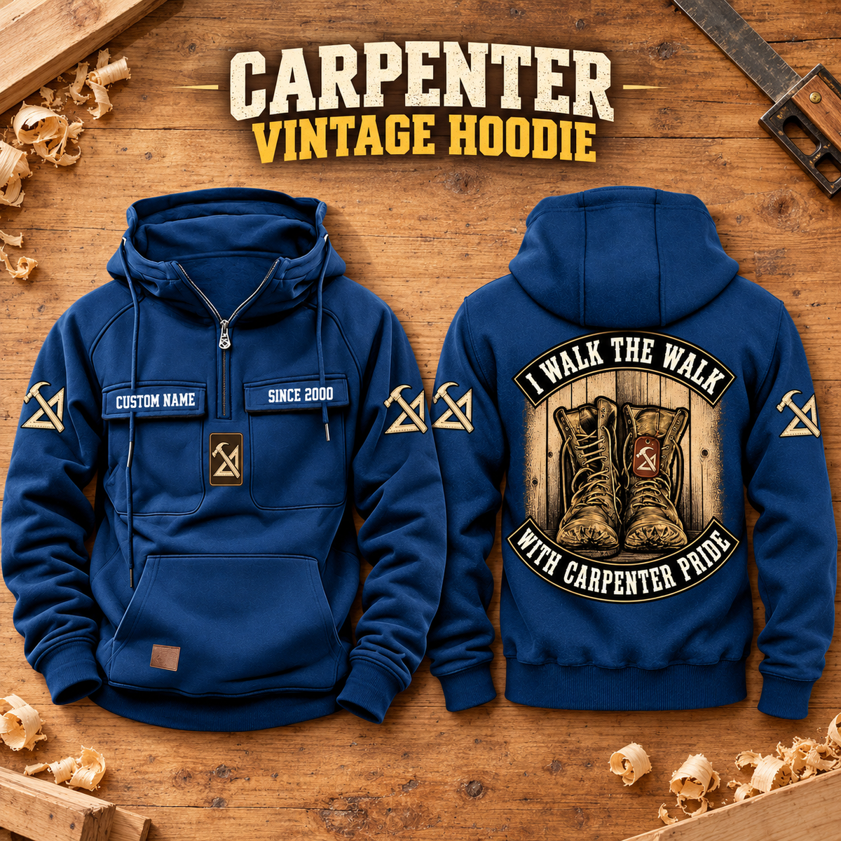 Carpenter Walk the Walk Badge Vintage Hoodie in Dark Blue, paired front back composition with faithful front and back artwork in a warm timber workshop or wood-paneled porch.
