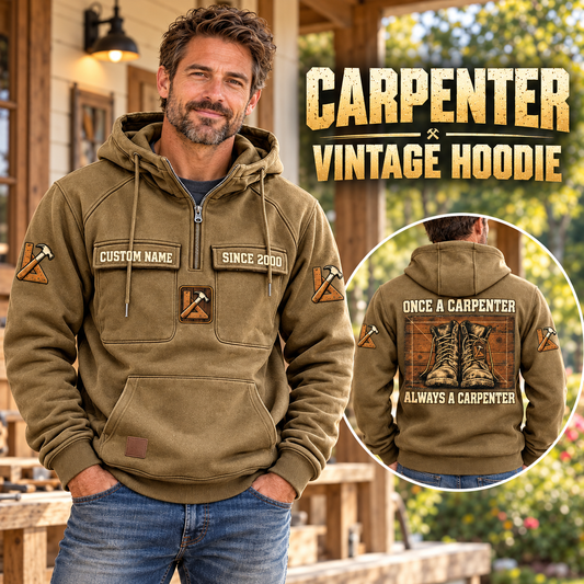 Carpenter Once and Always Vintage Hoodie in Kaki, front left back inset composition with faithful front and back artwork in a warm timber workshop or wood-paneled porch.