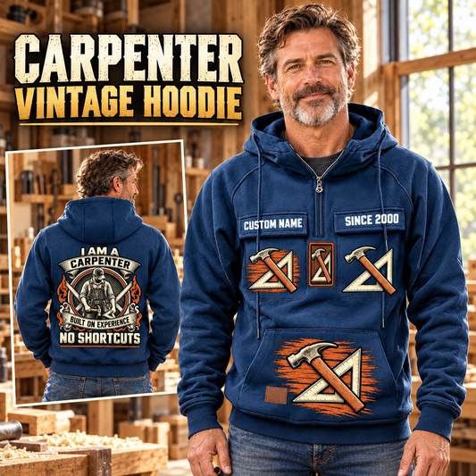 Carpenter Heritage Crest Vintage Hoodie in Dark Blue, front right back card composition with faithful front and back artwork in a warm timber workshop or wood-paneled porch.