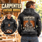 Carpenter Skills and Pride Vintage Hoodie in Dark Gray, back right front inset composition with faithful front and back artwork in a warm timber workshop or wood-paneled porch.