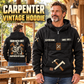 Carpenter By Choice Vintage Hoodie in Black, front right back card composition with faithful front and back artwork in a warm timber workshop or wood-paneled porch.