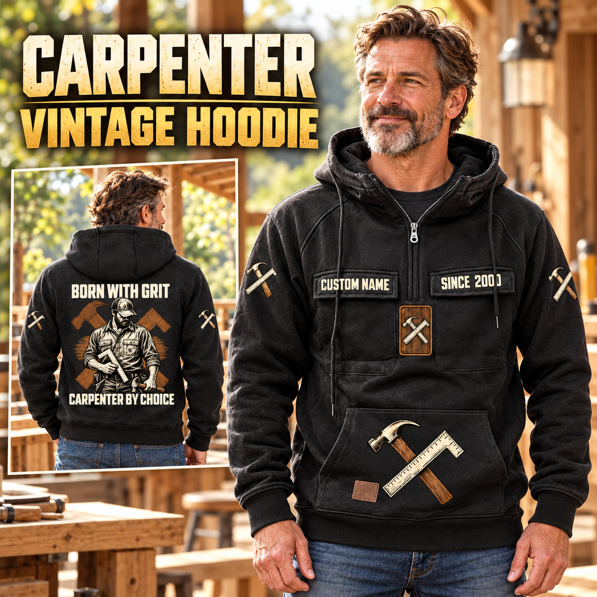 Carpenter By Choice Vintage Hoodie in Black, front right back card composition with faithful front and back artwork in a warm timber workshop or wood-paneled porch.