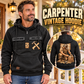 Carpenter Ready Every Day Portrait Vintage Hoodie in Black, front left back inset composition with faithful front and back artwork in a warm timber workshop or wood-paneled porch.