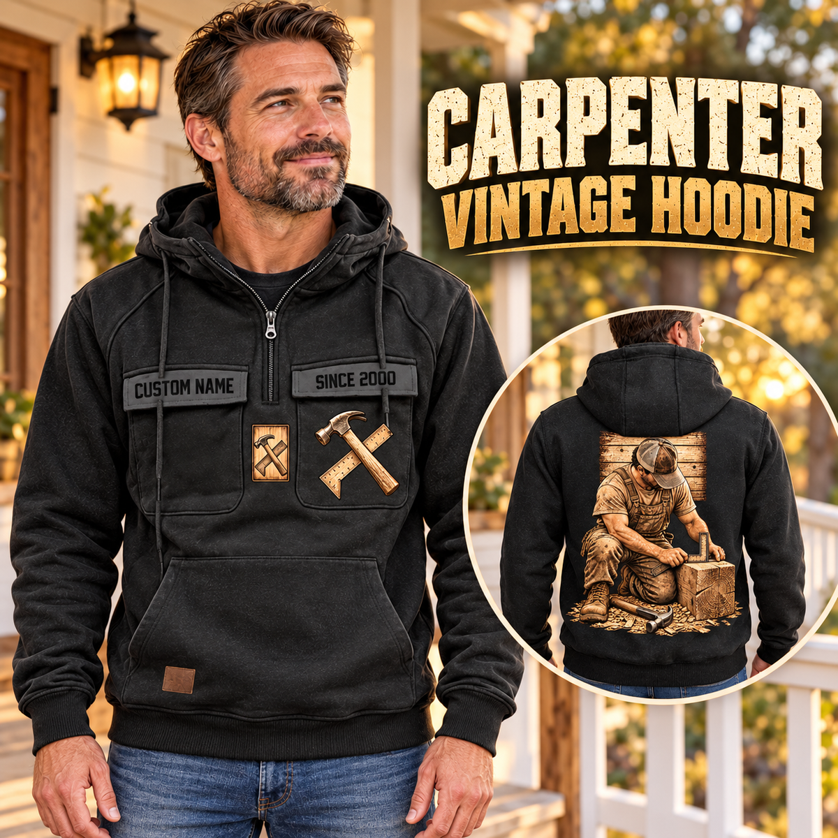 Carpenter Ready Every Day Portrait Vintage Hoodie in Black, front left back inset composition with faithful front and back artwork in a warm timber workshop or wood-paneled porch.