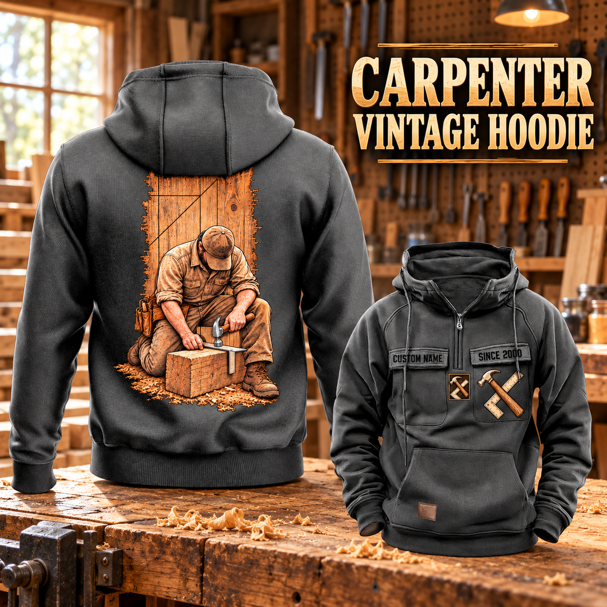Carpenter Workday Portrait Vintage Hoodie in Dark Gray, back left front cutout composition with faithful front and back artwork in a warm timber workshop or wood-paneled porch.