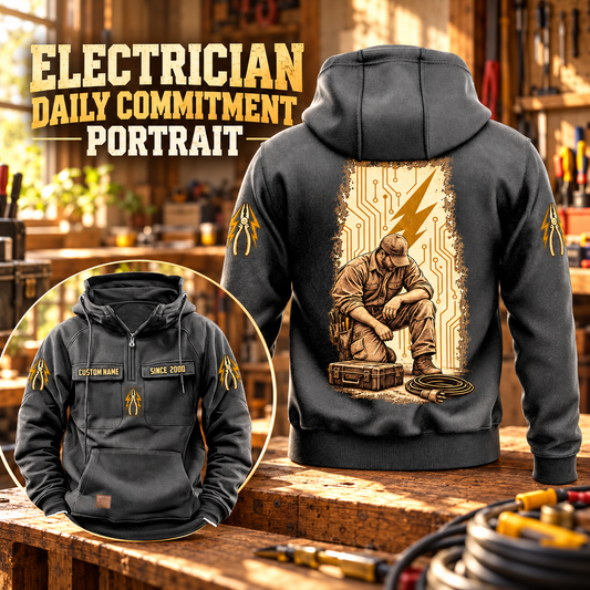 Electrician Daily Commitment Portrait Vintage Hoodie in Dark Gray, back right front inset composition with faithful front and back artwork in an orderly electrician workbench with cables subtly at the edge.