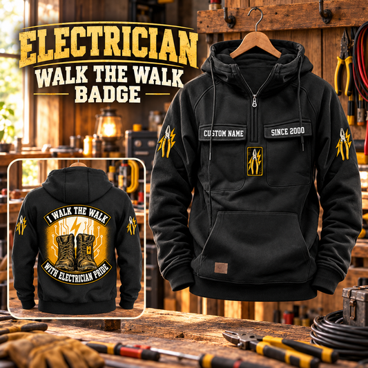 Electrician Walk the Walk Badge Vintage Hoodie in Black, front right back card composition with faithful front and back artwork in an orderly electrician workbench with cables subtly at the edge.