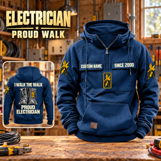 Electrician Proud Walk Vintage Hoodie in Dark Blue, front right back card composition with faithful front and back artwork in an orderly electrician workbench with cables subtly at the edge.