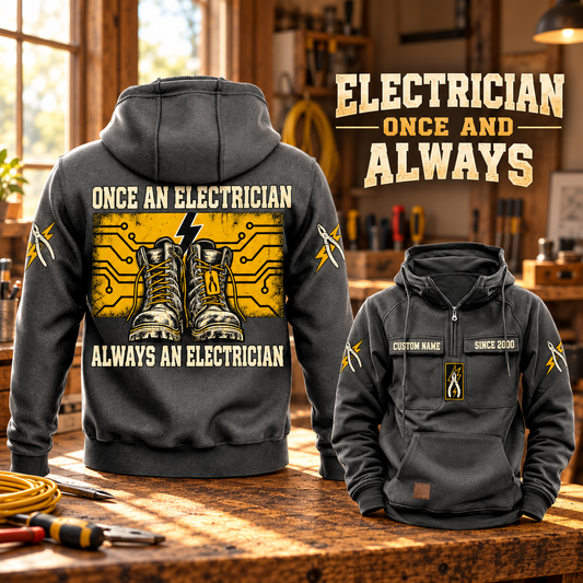 Electrician Once and Always Vintage Hoodie in Dark Gray, back left front cutout composition with faithful front and back artwork in an orderly electrician workbench with cables subtly at the edge.