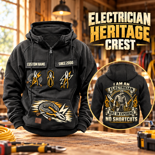 Electrician Heritage Crest Vintage Hoodie in Black, front left back inset composition with faithful front and back artwork in an orderly electrician workbench with cables subtly at the edge.