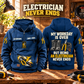 Electrician Never Ends Vintage Hoodie in Dark Blue, paired front back composition with faithful front and back artwork in an orderly electrician workbench with cables subtly at the edge.