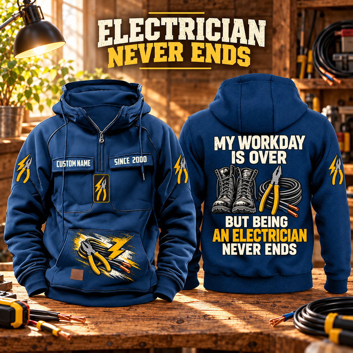 Electrician Never Ends Vintage Hoodie in Dark Blue, paired front back composition with faithful front and back artwork in an orderly electrician workbench with cables subtly at the edge.