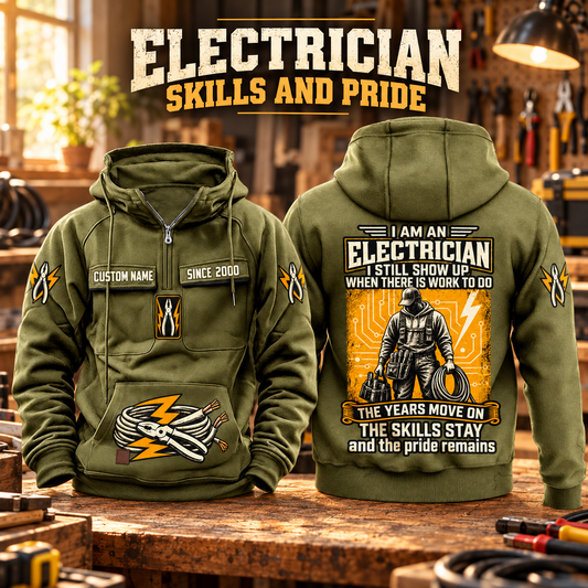 Electrician Skills and Pride Vintage Hoodie in Military Green, paired front back composition with faithful front and back artwork in an orderly electrician workbench with cables subtly at the edge.