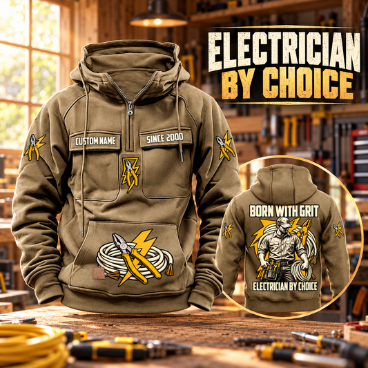 Electrician By Choice Vintage Hoodie in Kaki, front left back inset composition with faithful front and back artwork in an orderly electrician workbench with cables subtly at the edge.