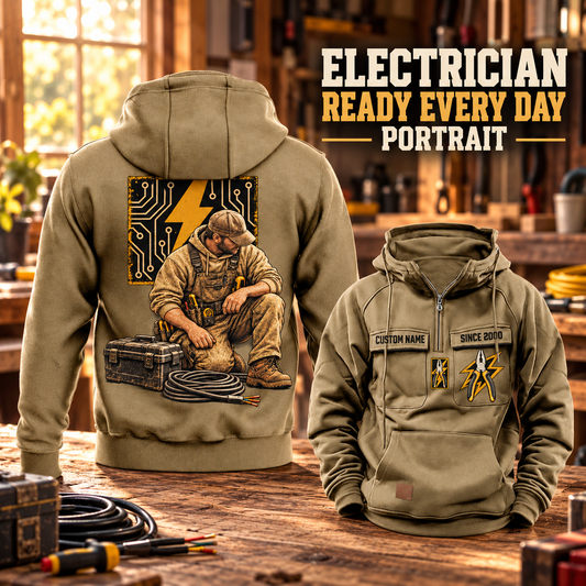 Electrician Ready Every Day Portrait Vintage Hoodie in Kaki, back left front cutout composition with faithful front and back artwork in an orderly electrician workbench with cables subtly at the edge.