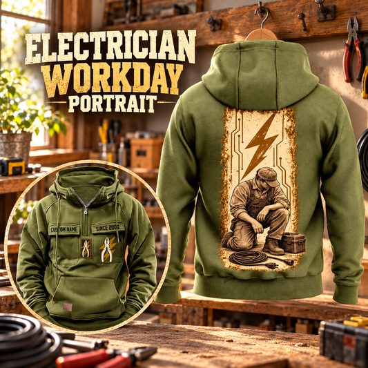 Electrician Workday Portrait Vintage Hoodie in Military Green, back right front inset composition with faithful front and back artwork in an orderly electrician workbench with cables subtly at the edge.