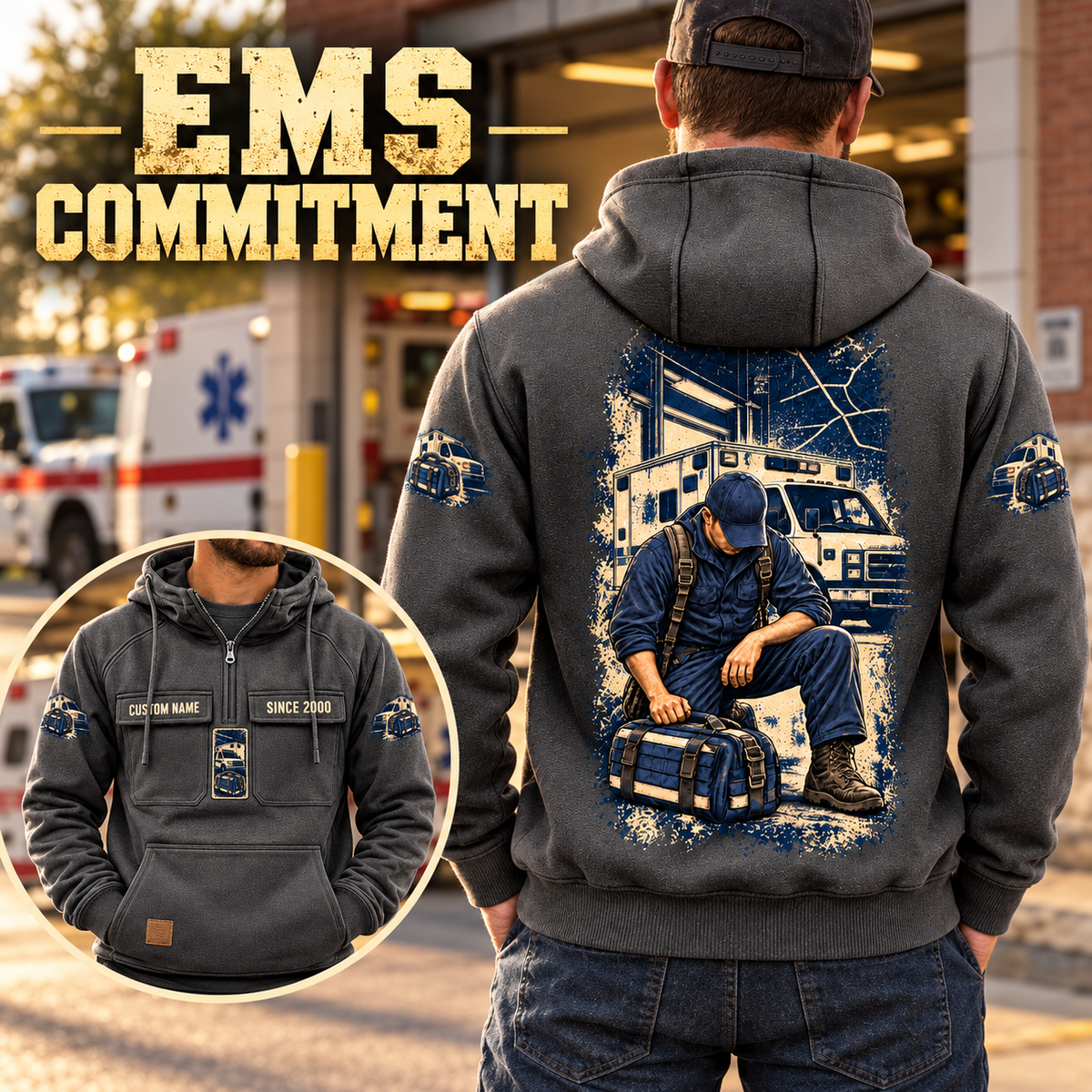 EMS Daily Commitment Portrait Vintage Hoodie in Dark Gray, back right front inset composition with faithful front and back artwork in a calm station entrance with a parked ambulance softly out of focus.